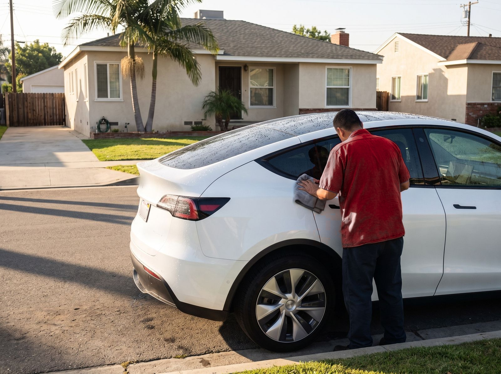 A technician in a red shirt drying the rear door of a wet white electric SUV parked at the curb outside a ranch house