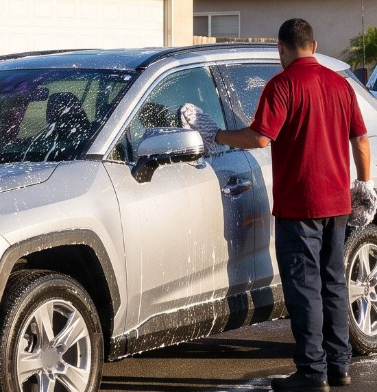 A technician in a red shirt washing a foam-covered silver SUV parked on a residential street