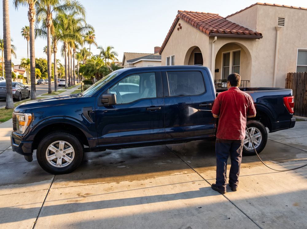 A technician in a red shirt rinsing a dark blue pickup truck on the driveway of a Spanish-style house