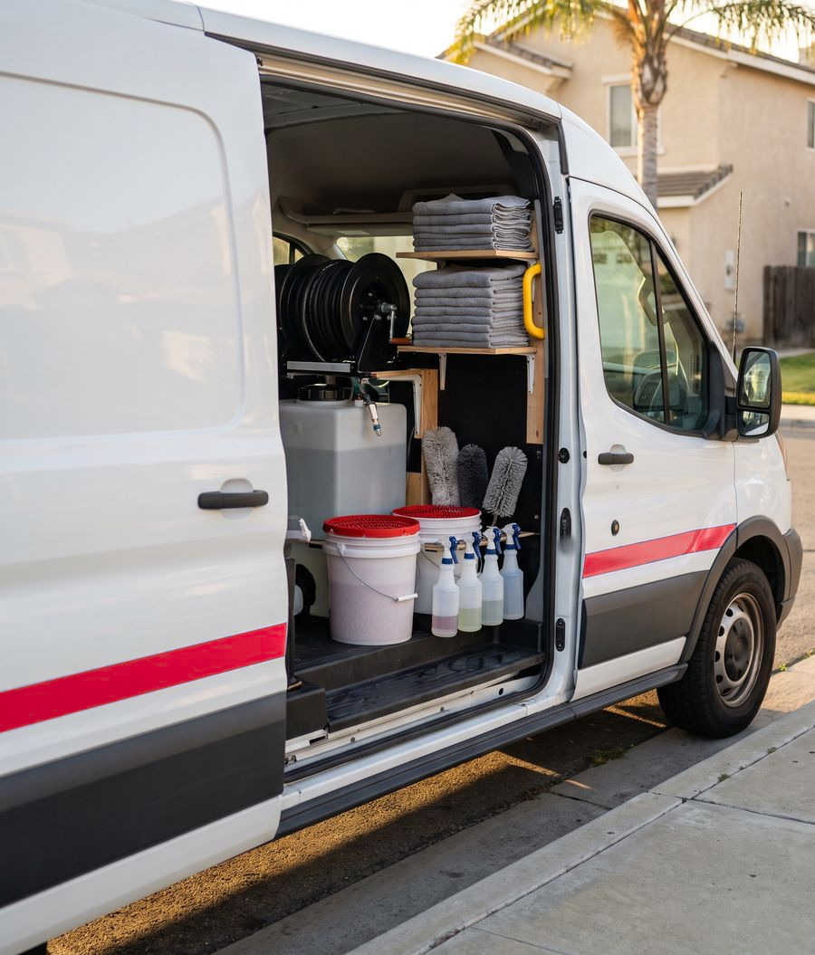 The open side door of a white van with a red stripe, its shelves stocked with buckets, wheel brushes and folded gray towels